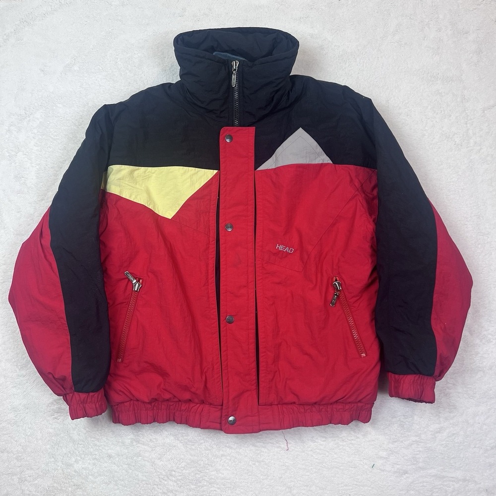 Vintage 80s Head Sportswear Men's Ski Jacket Pockets Zipper Snaps Red Black